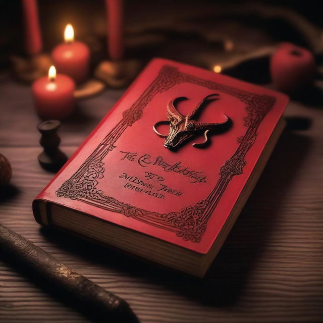 A cover photo featuring an eerie background with a red book with golden engraving on a brown table