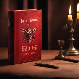 A cover photo featuring an eerie background with a red book with golden engraving on a brown table