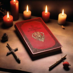 A cover photo featuring an eerie background with a red book with golden engraving on a brown table