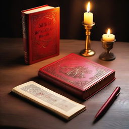 A cover photo featuring an eerie background with a red book with golden engraving on a brown table