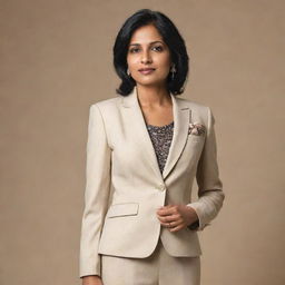 A mature Indian woman of around 30 years old elegantly dressed in a fashion-forward and sophisticated suit.