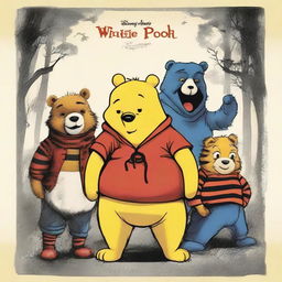 A horror movie poster for a film titled 'Winnie-The-Pooh: Blood And Honey 2' showing a grown-up evil Pooh, Piglet, Owl, and Tigger