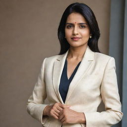 A mature Indian woman of around 30 years old elegantly dressed in a fashion-forward and sophisticated suit.