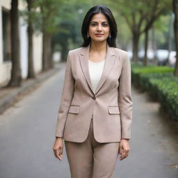 A mature Indian woman of around 30 years old elegantly dressed in a fashion-forward and sophisticated suit.