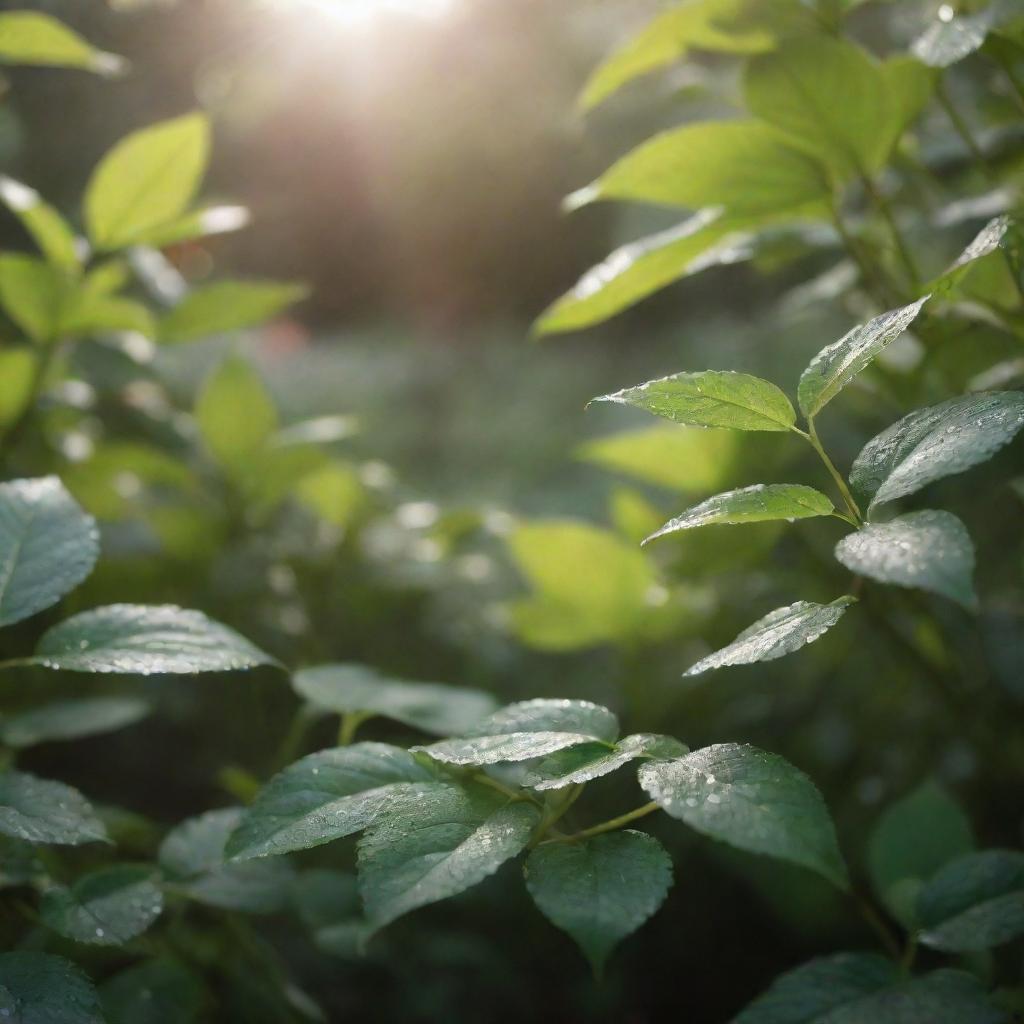 Enhance the previous scene with more details - the talking seed is now situated in a lush garden, its story unfolding to unseen listeners. Nearby, tiny dew drops shimmer on leaves and the warm, morning sun filters through the foliage.