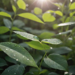 Enhance the previous scene with more details - the talking seed is now situated in a lush garden, its story unfolding to unseen listeners. Nearby, tiny dew drops shimmer on leaves and the warm, morning sun filters through the foliage.