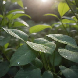 Enhance the previous scene with more details - the talking seed is now situated in a lush garden, its story unfolding to unseen listeners. Nearby, tiny dew drops shimmer on leaves and the warm, morning sun filters through the foliage.