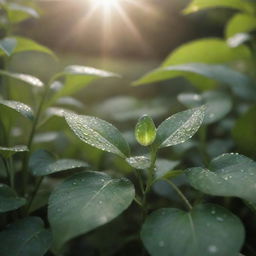 Enhance the previous scene with more details - the talking seed is now situated in a lush garden, its story unfolding to unseen listeners. Nearby, tiny dew drops shimmer on leaves and the warm, morning sun filters through the foliage.