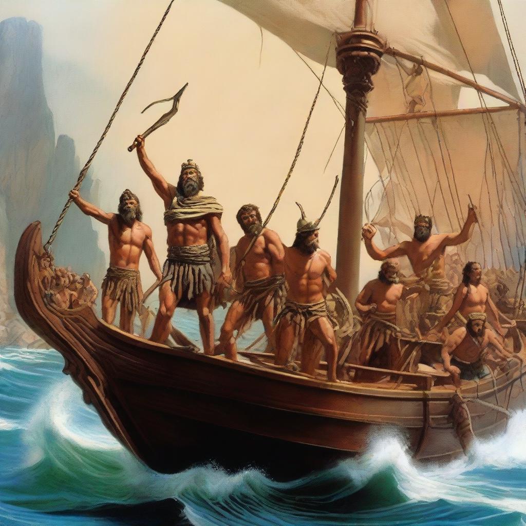 A detailed and epic scene featuring Jason and the Argonauts on their ship, the Argo, as they embark on their legendary quest