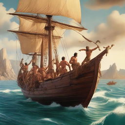 A detailed and epic scene featuring Jason and the Argonauts on their ship, the Argo, as they embark on their legendary quest