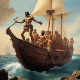 A detailed and epic scene featuring Jason and the Argonauts on their ship, the Argo, as they embark on their legendary quest