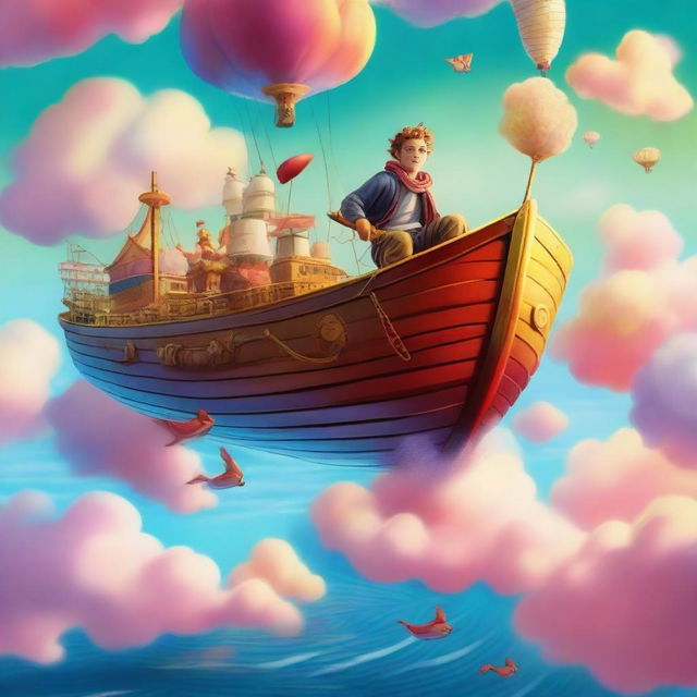 A vibrant and whimsical scene featuring a young Jason flying on a cloud ship named Argo