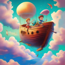 A vibrant and whimsical scene featuring a young Jason flying on a cloud ship named Argo