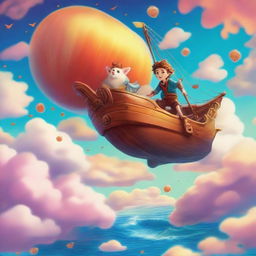 A vibrant and whimsical scene featuring a young Jason flying on a cloud ship named Argo