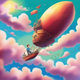 A vibrant and whimsical scene featuring a young Jason flying on a cloud ship named Argo