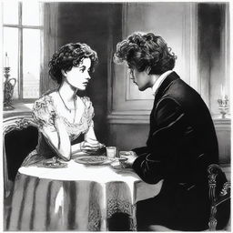 A couple is seated at a table in an elegant restaurant, seemingly in a heated discussion