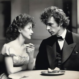 A couple is seated at a table in an elegant restaurant, seemingly in a heated discussion