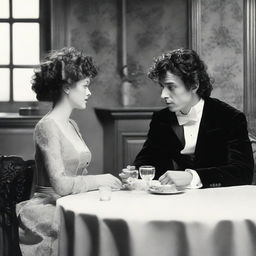 A couple is seated at a table in an elegant restaurant, seemingly in a heated discussion