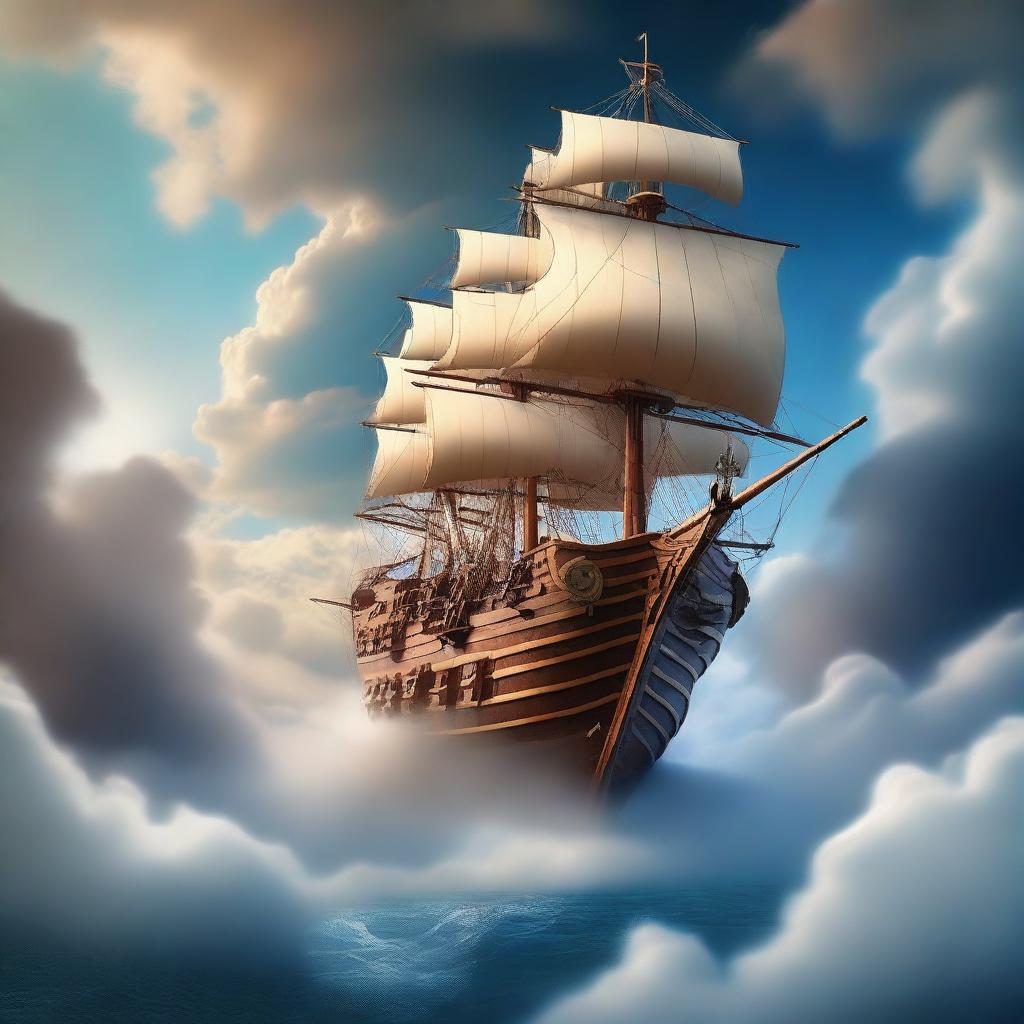 An imaginative scene featuring an ancient ship sailing through the clouds with a young Jason on board