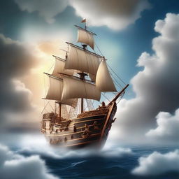 An imaginative scene featuring an ancient ship sailing through the clouds with a young Jason on board