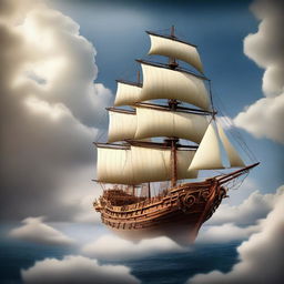 An imaginative scene featuring an ancient ship sailing through the clouds with a young Jason on board