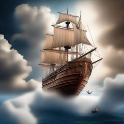 An imaginative scene featuring an ancient ship sailing through the clouds with a young Jason on board