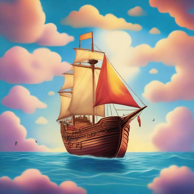 A captivating and colorful children’s book cover featuring an ancient ship sailing through the clouds with a young Jason on board