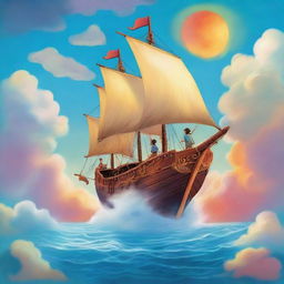 A captivating and colorful children’s book cover featuring an ancient ship sailing through the clouds with a young Jason on board