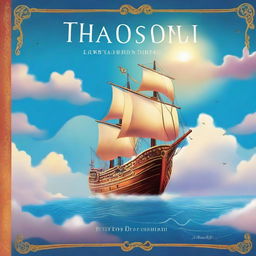 A captivating and colorful children’s book cover featuring an ancient ship sailing through the clouds with a young Jason on board