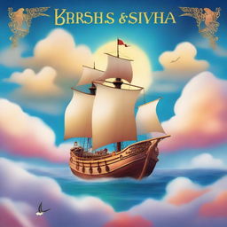 A captivating and colorful children’s book cover featuring an ancient ship sailing through the clouds with a young Jason on board