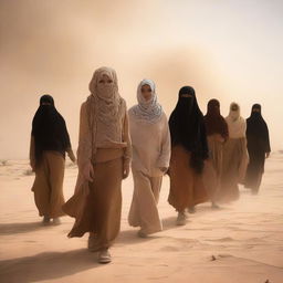 A book cover featuring a girl wearing a shemagh and sandy clothes, standing amidst a sandstorm