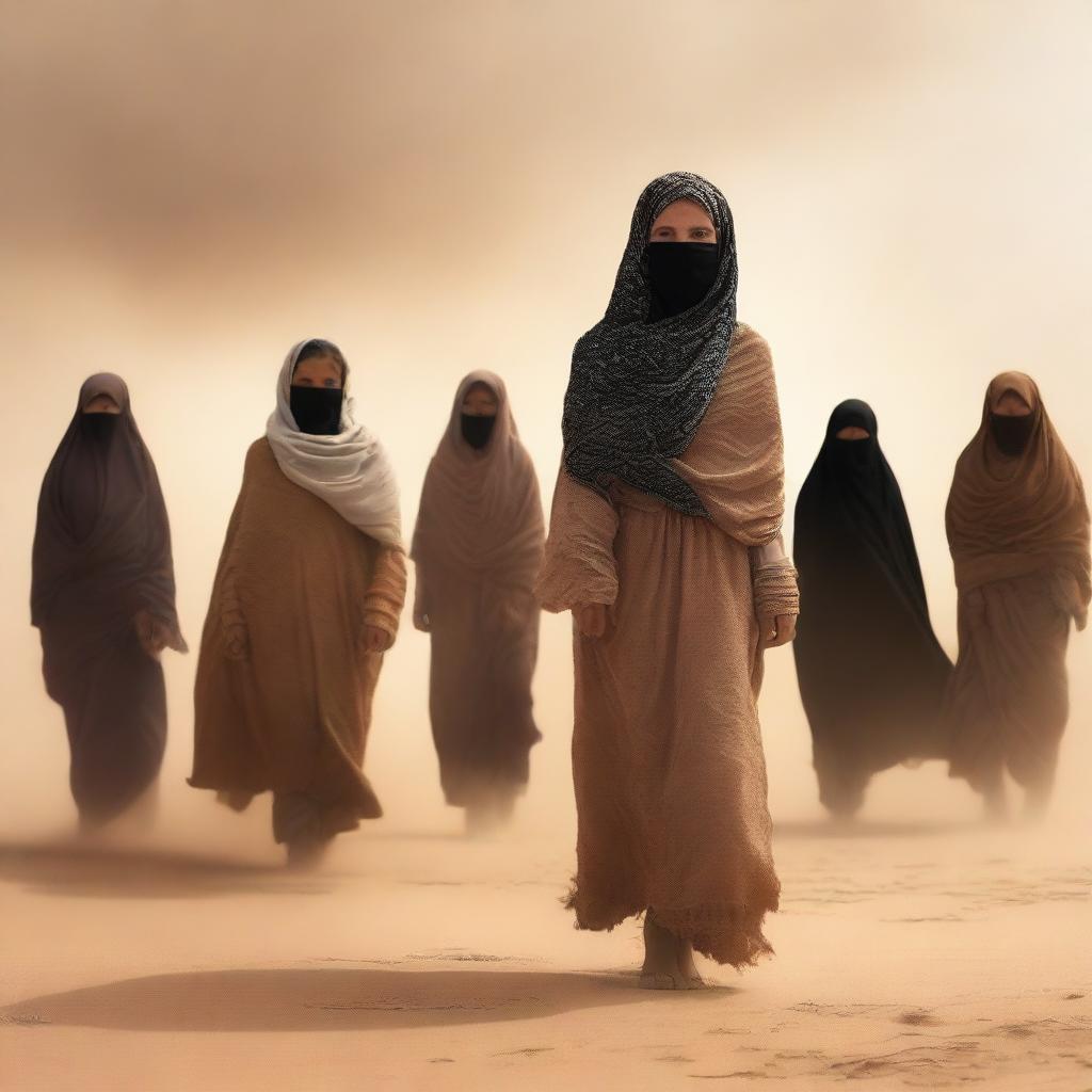 A book cover featuring a girl wearing a shemagh and sandy clothes, standing amidst a sandstorm