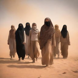 A book cover featuring a girl wearing a shemagh and sandy clothes, standing amidst a sandstorm