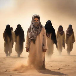 A book cover featuring a girl wearing a shemagh and sandy clothes, standing amidst a sandstorm