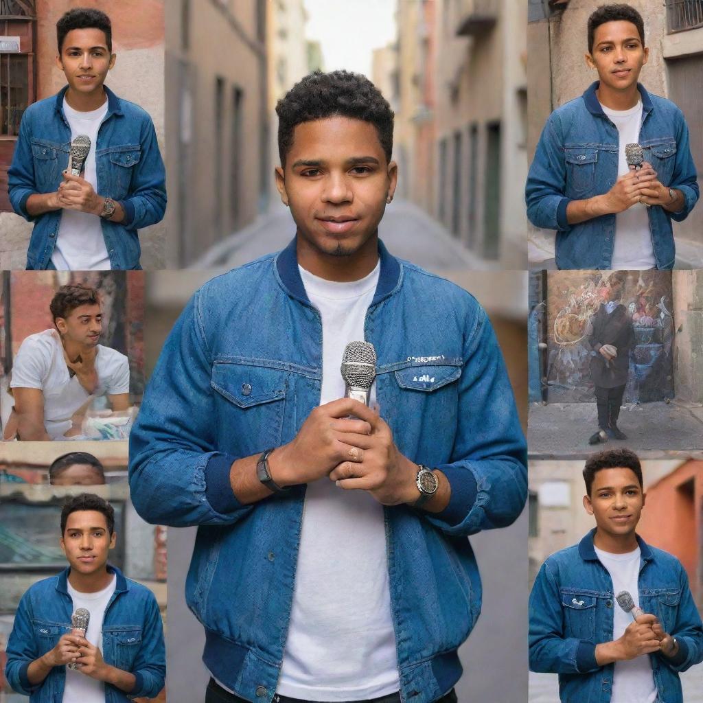 A front view of Junior H standing in an urban setting with his hands together, holding a microphone, expressing gratitude. In a collage style background are covers of 'Sad Boys 4 Life', 'Mi Vida en un Cigarro', 'Mi Vida en un Cigarro 2', 'El Hijo Mayor', 'La Bestia', 'El De La H', 'Intenciones Malas', 'En Mis Dedos Un Gallito', 'Ya Corazón'.