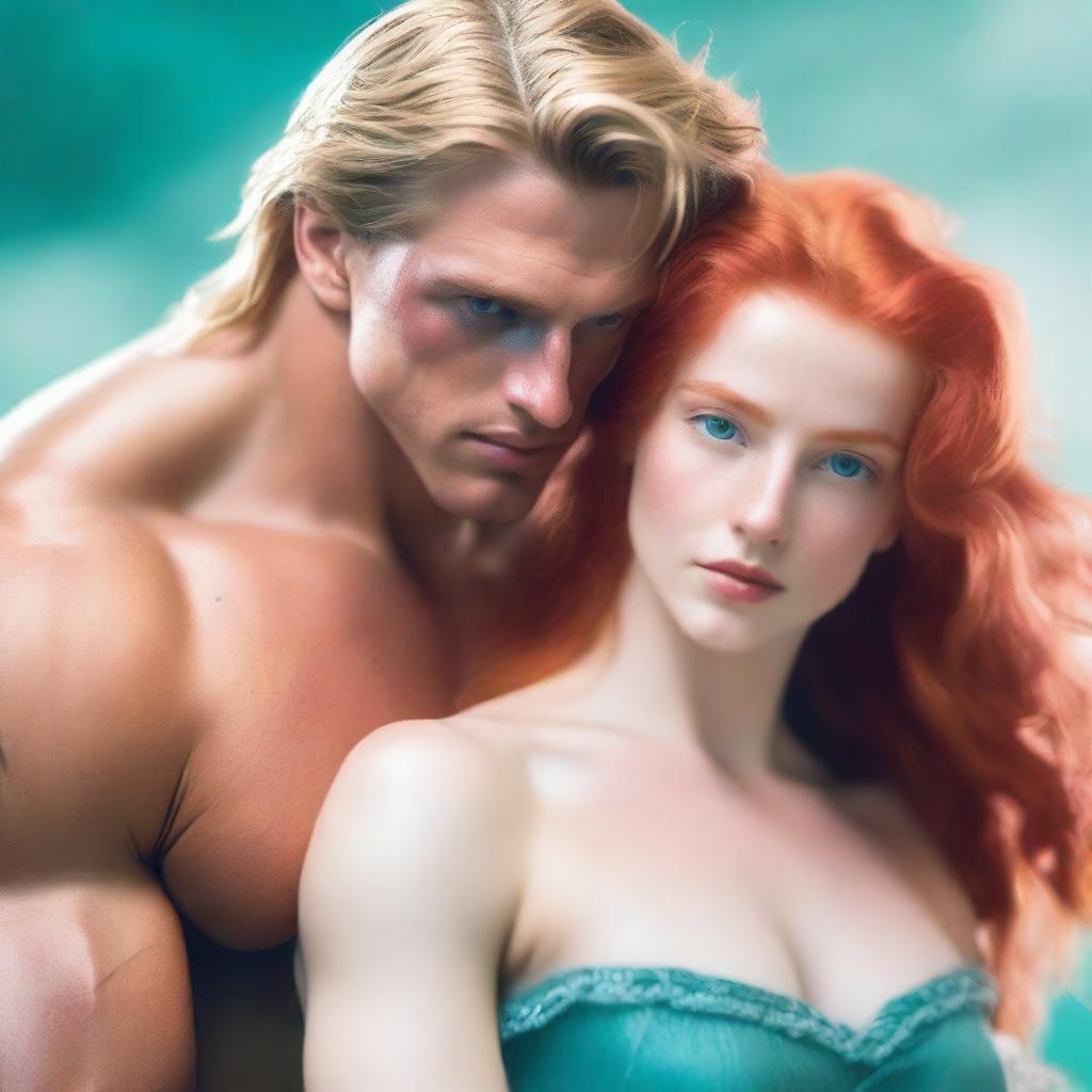 A tall, long blonde-haired muscular male with teal blue eyes is holding a petite female with a pixie face and long red hair