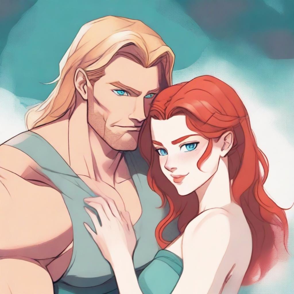 A tall, long blonde-haired muscular male with teal blue eyes is holding a petite female with a pixie face and long red hair