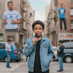 A front view of Junior H standing in an urban setting with his hands together, holding a microphone, expressing gratitude. In a collage style background are covers of 'Sad Boys 4 Life', 'Mi Vida en un Cigarro', 'Mi Vida en un Cigarro 2', 'El Hijo Mayor', 'La Bestia', 'El De La H', 'Intenciones Malas', 'En Mis Dedos Un Gallito', 'Ya Corazón'.