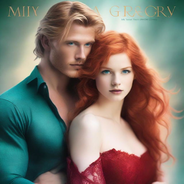 A tall, long blonde-haired muscular male with teal blue eyes is holding a petite female with a pixie face and long red hair