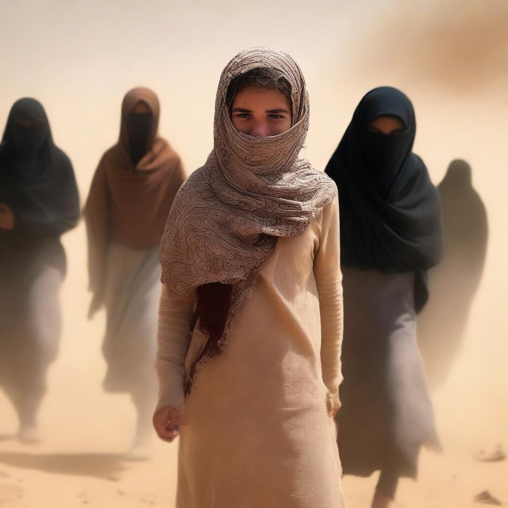 A book cover featuring a girl wearing a shemagh and sandy clothes, surrounded by a sandstorm