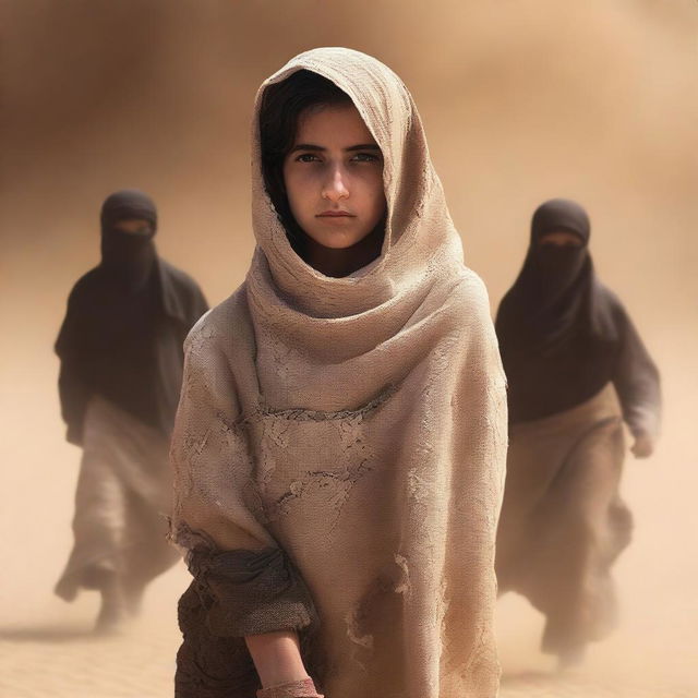 A book cover featuring a girl wearing a shemagh and sandy clothes, surrounded by a sandstorm