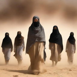 A book cover featuring a girl wearing a shemagh and sandy clothes, surrounded by a sandstorm