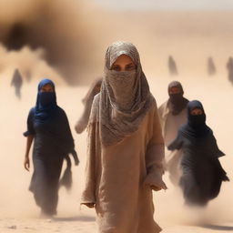 A book cover featuring a girl wearing a shemagh and sandy clothes, surrounded by a sandstorm