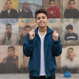 A front view of Junior H standing in an urban setting with his hands together, holding a microphone, expressing gratitude. In a collage style background are covers of 'Sad Boys 4 Life', 'Mi Vida en un Cigarro', 'Mi Vida en un Cigarro 2', 'El Hijo Mayor', 'La Bestia', 'El De La H', 'Intenciones Malas', 'En Mis Dedos Un Gallito', 'Ya Corazón'.