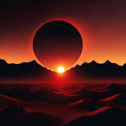 A surreal scene of a red sun being consumed by a black shadow