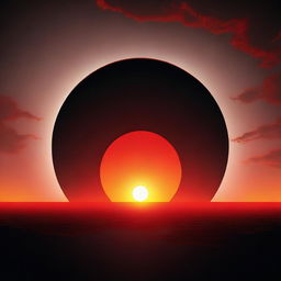 A surreal scene of a red sun being consumed by a black shadow