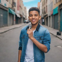 A front view of Junior H standing in an urban setting with his hands together, holding a microphone, expressing gratitude. In a collage style background are covers of 'Sad Boys 4 Life', 'Mi Vida en un Cigarro', 'Mi Vida en un Cigarro 2', 'El Hijo Mayor', 'La Bestia', 'El De La H', 'Intenciones Malas', 'En Mis Dedos Un Gallito', 'Ya Corazón'.