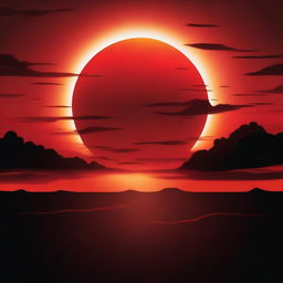 A surreal scene of a red sun being consumed by a black shadow