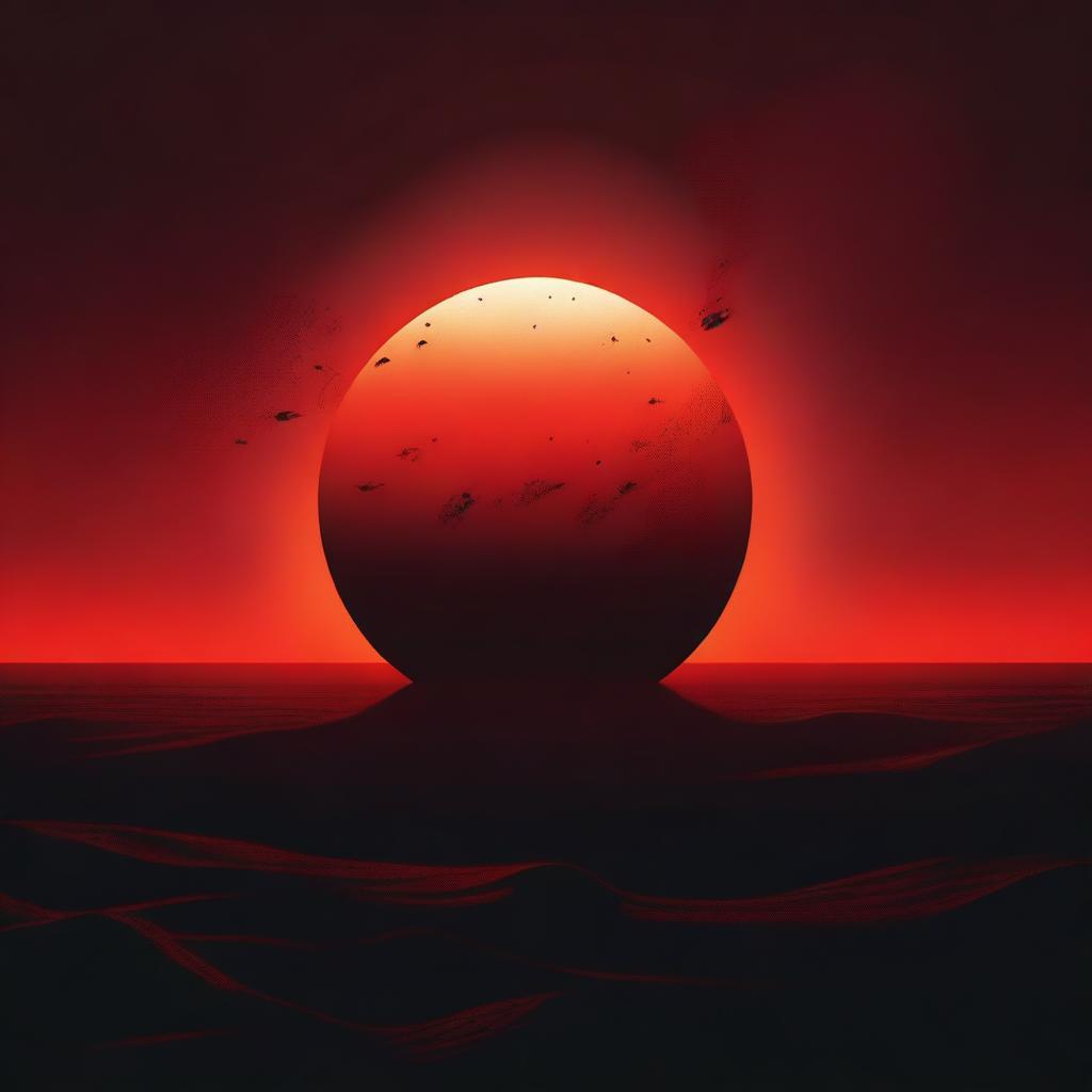 A surreal scene of a red sun being consumed by a black shadow