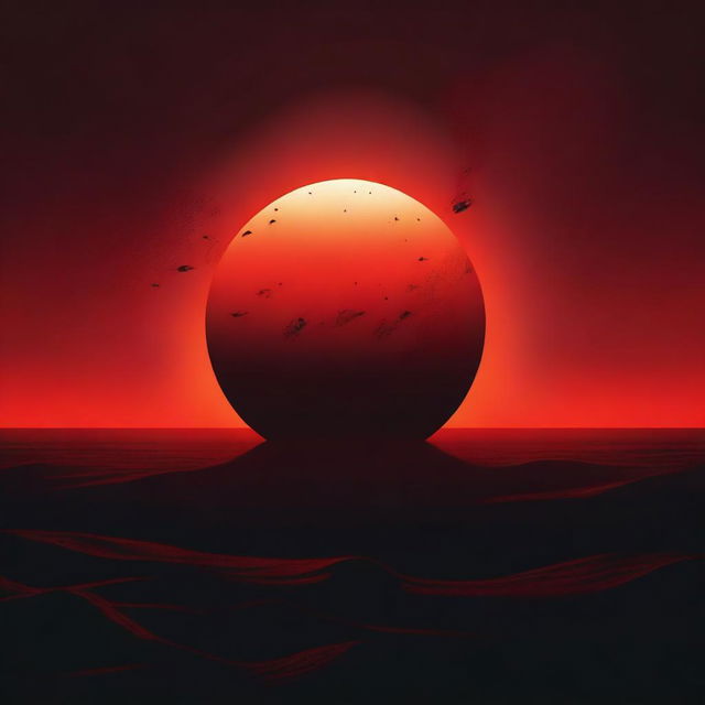 A surreal scene of a red sun being consumed by a black shadow